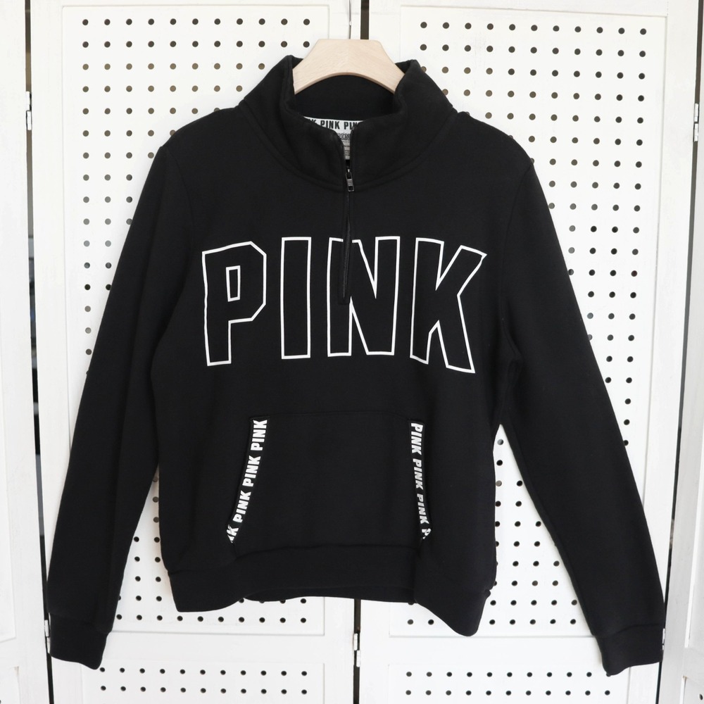 Victoria's Secret PINK Black Logo Varsity Quarter Zip Sweatshirt Womens SIZE L